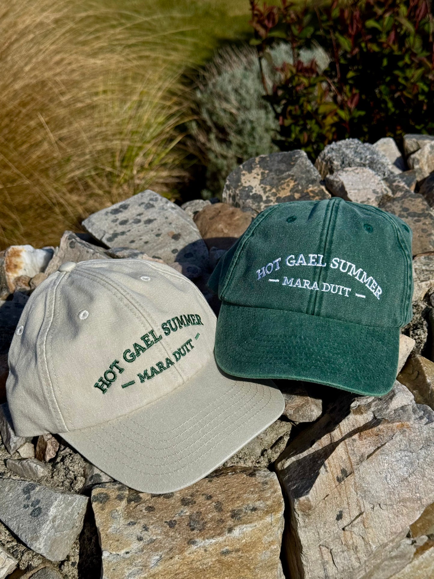 The original Hot Gael Summer caps by Mara Duit 2023 in Green and Stone