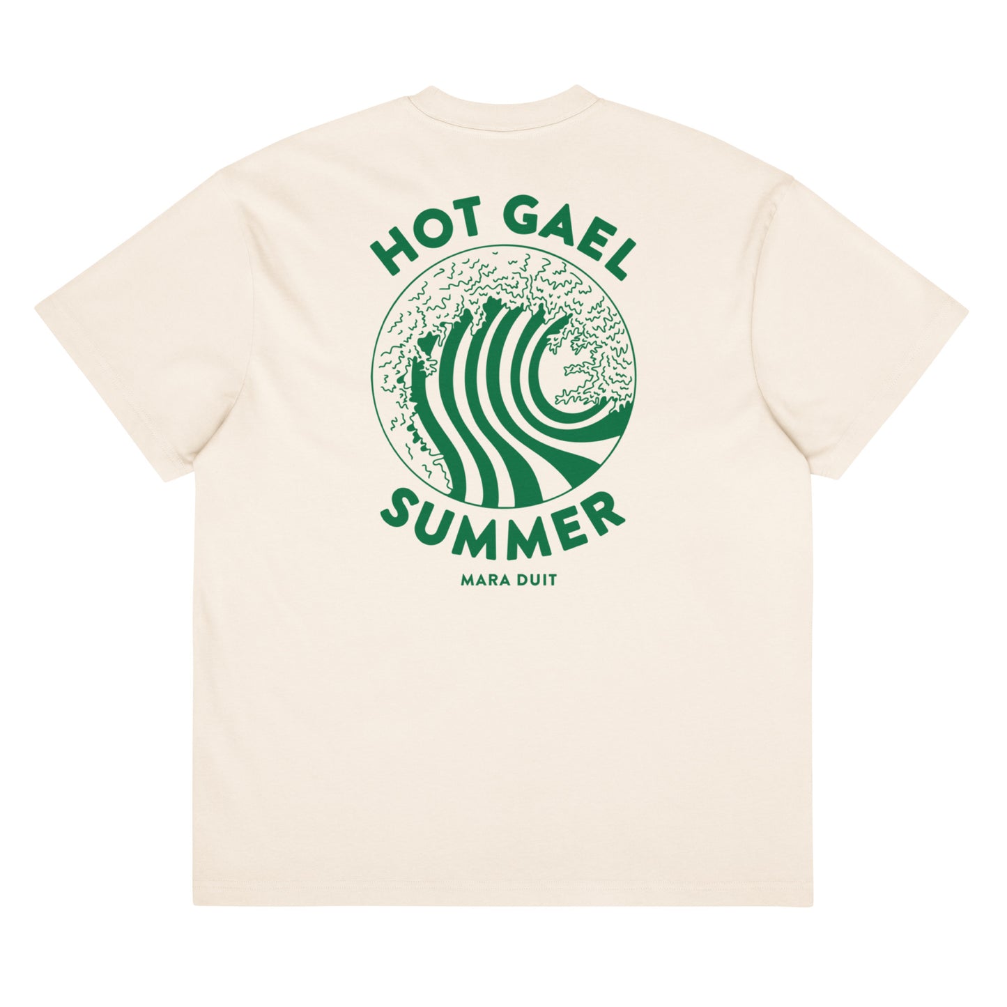 Beige t-shirt with green graphic andHot Gael Summer  text on a white background