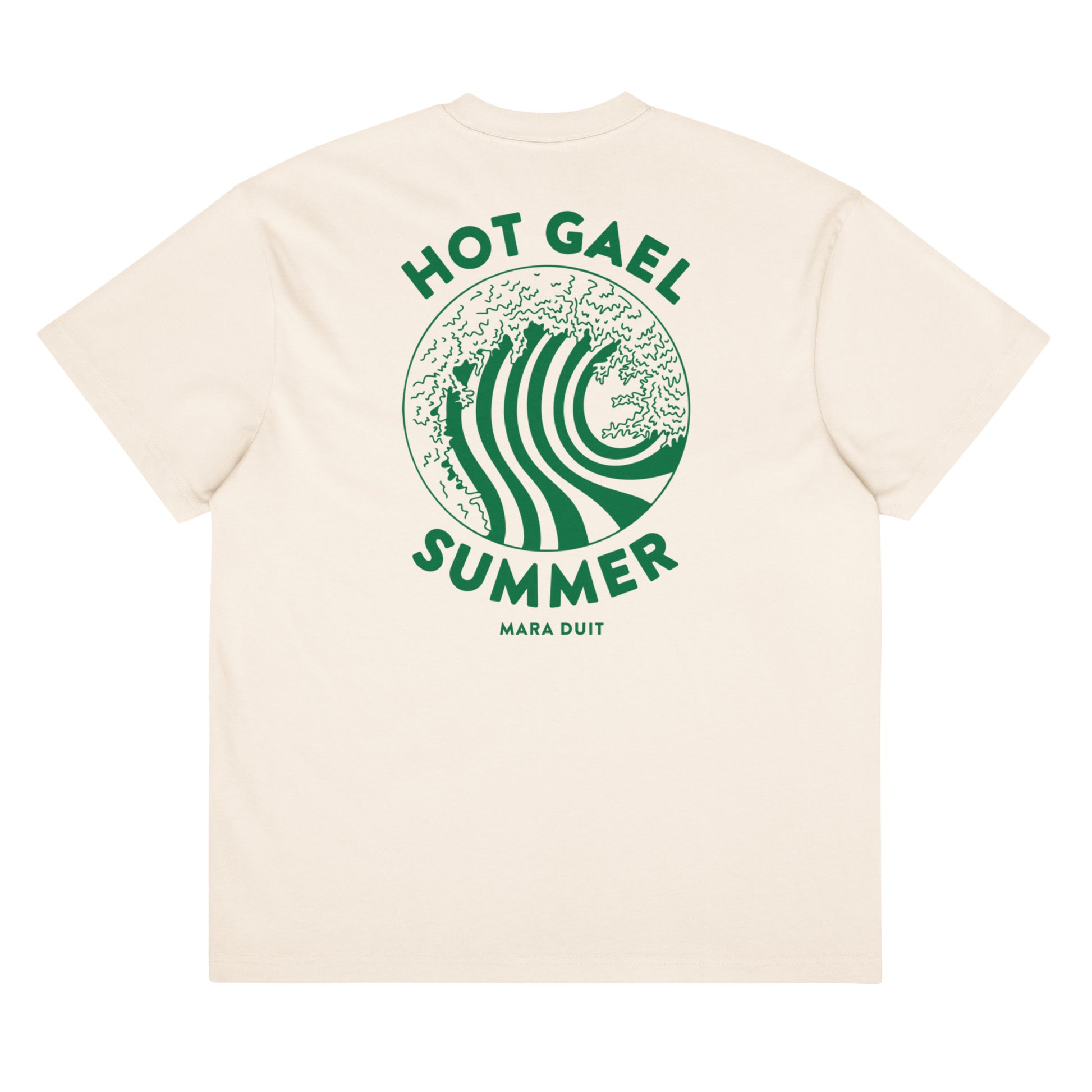 Beige t-shirt with green graphic andHot Gael Summer  text on a white background