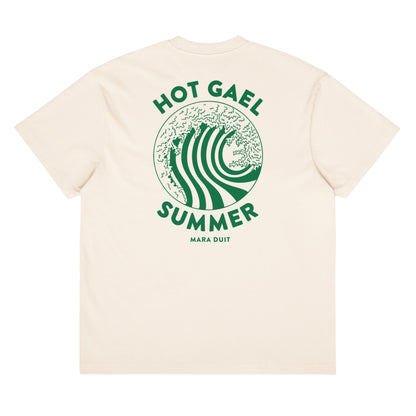 Beige t-shirt with green graphic andHot Gael Summer  text on a white background