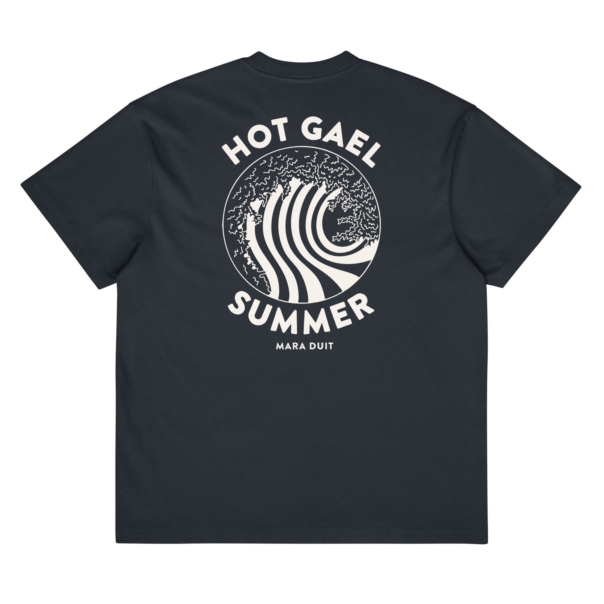 Slate t-shirt with white graphic Hot Gael Summer design and text on a white background