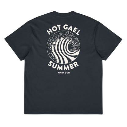 Slate t-shirt with white graphic Hot Gael Summer design and text on a white background